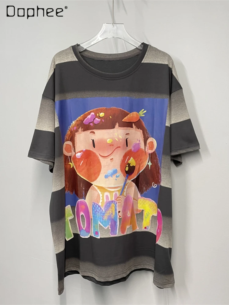 

Fun Printing Short-Sleeved T-shirt Female Student 2023 Summer New Cartoon Loose Crew Neck Bottom Women Clothes Kawaii Clothes