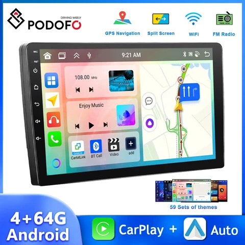 Автомагнитола Podofo, 9 дюймов, Android, 4 + 64 ГБ, Bluetooth