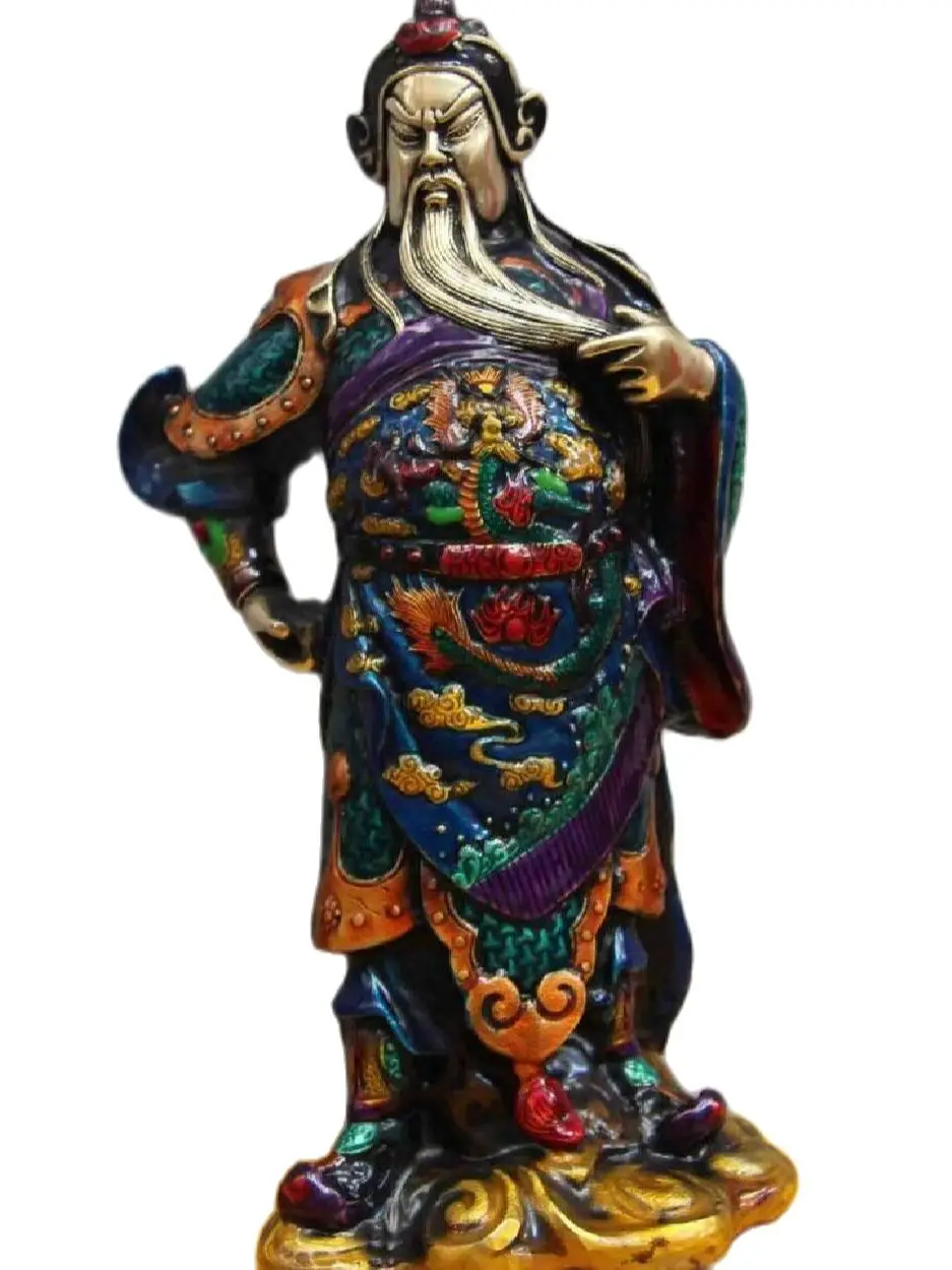 

Free Shipping China Folk White Copper Silver Painted Dragon Guan Gong Guan Yu Warrior Statue 24CM