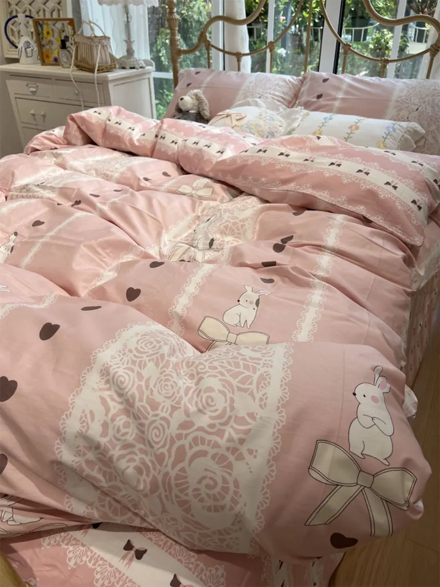 Милый розовый детский комплект beding с кроликом и цветком хлопковый двойной полный