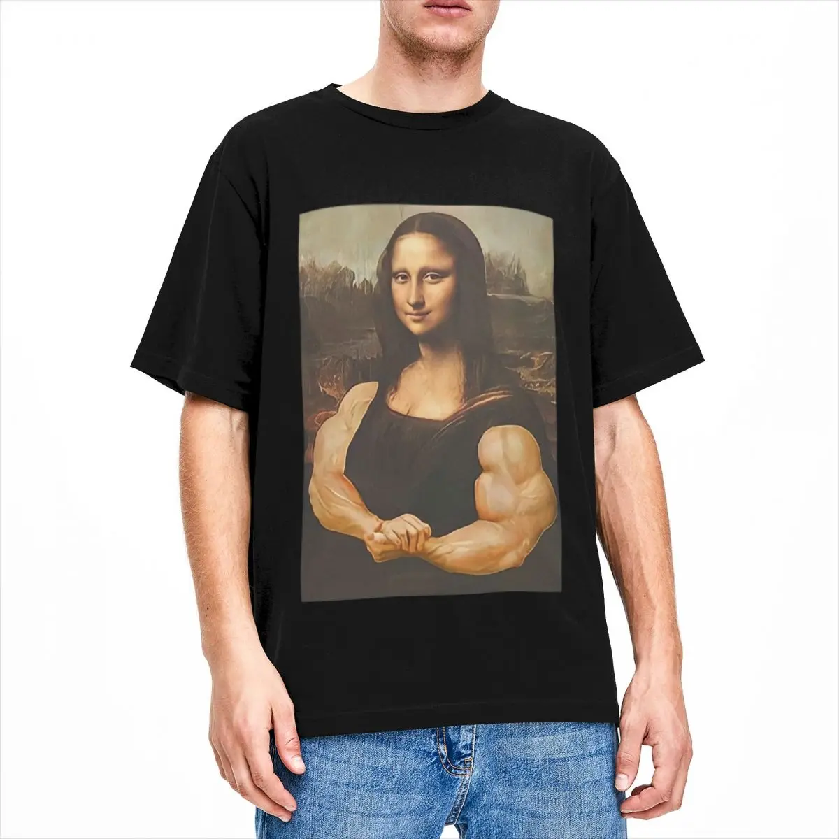 

Funny Monalisa Body Strong T Shirts Stuff Men Women Cotton Novelty Round Neck Parody Tee Shirt Short Sleeve Tops New Arrival