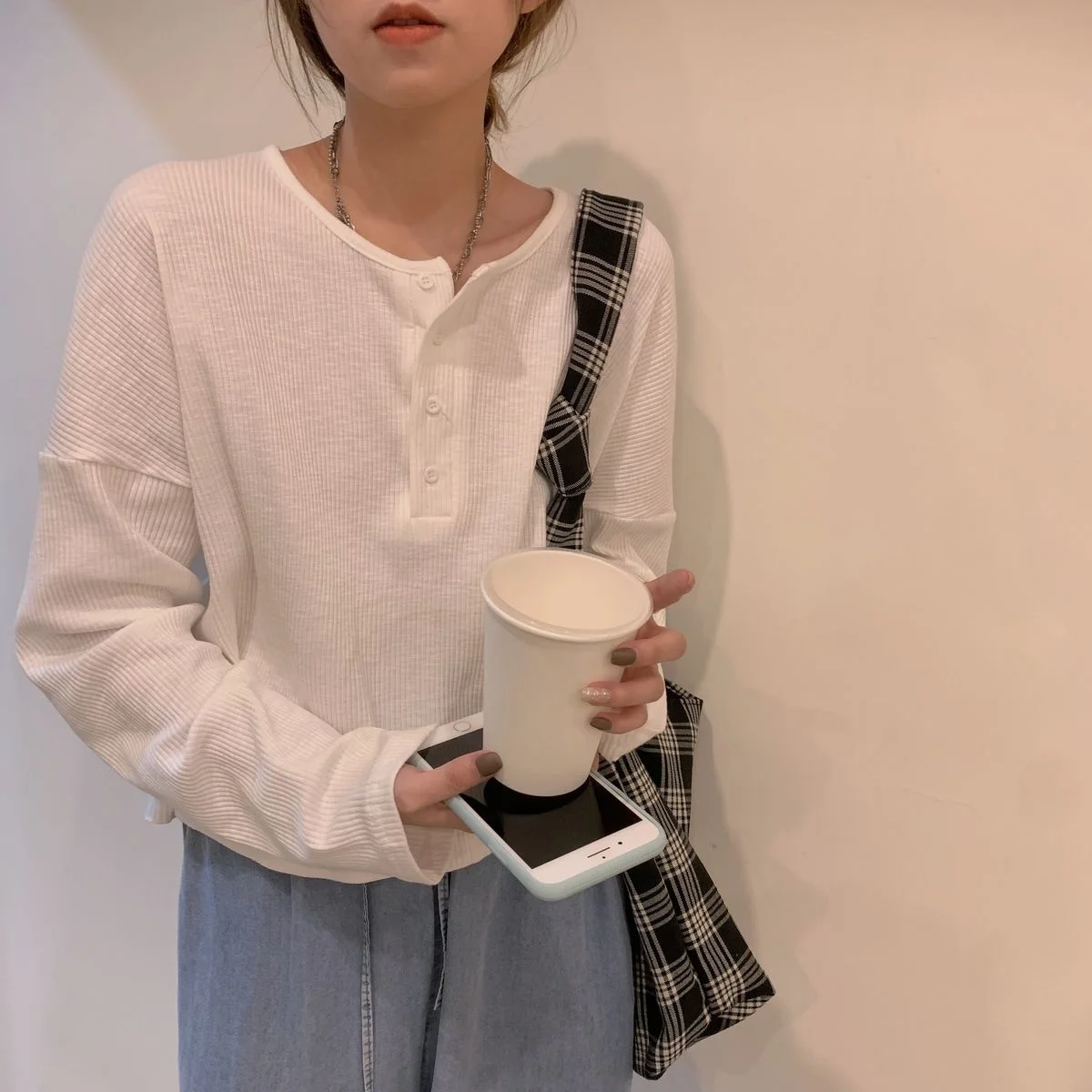 

Pit Strip Half Button Up Short Knitted T Shirt Black Gray White Spring Long Sleeve Women T-shirt