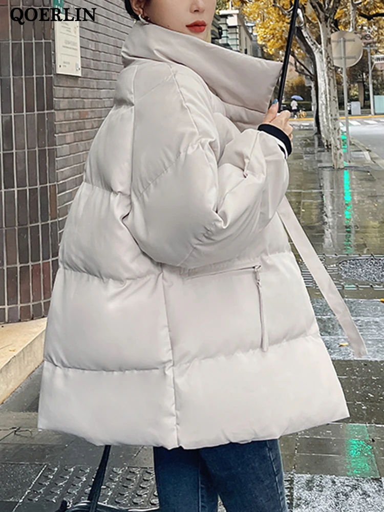 QOERLIN Brown Puffer Jacket Winter Women Stand Collar Parkas Thicken Warm Overcoat Female Korean Fashion Outerwear Black White