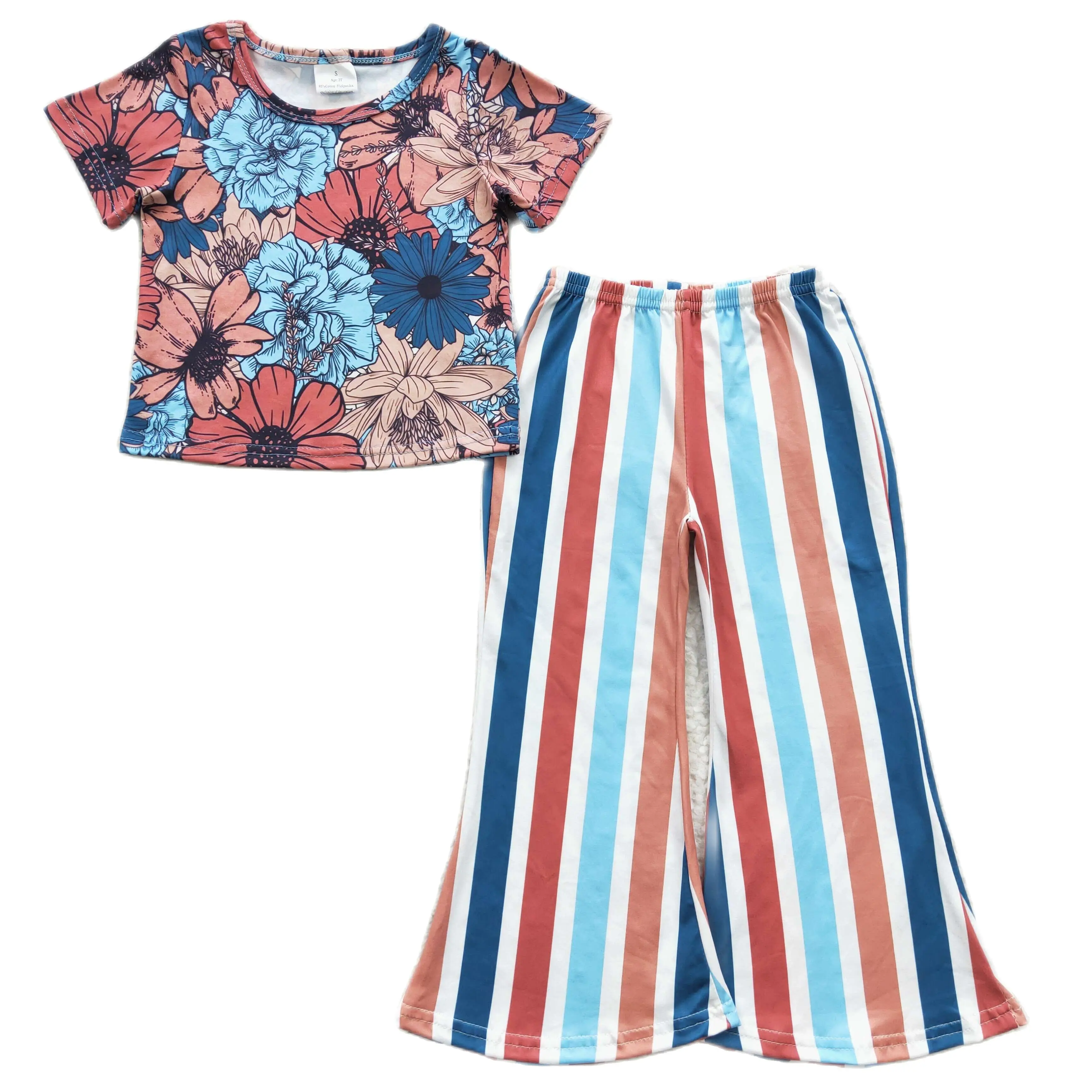 

Детская весенняя одежда для девочек, изысканные топы с цветочным рисунком, комплекты с полосатым низом, Детская Повседневная модная одежда для малышей 1-16 лет