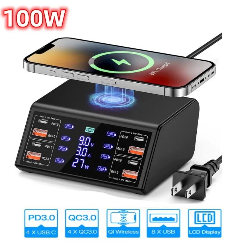 

100W 9 in 1 USB Charger PD QC3.0 USB C Fast Phone Charger Qi Wireless Charger Charging Station For iPhone 13 12 Samsung Xiaomi