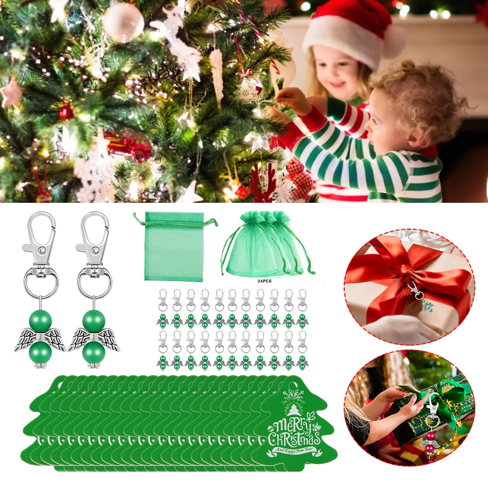 

24Pcs Christmas Angel Keychain Christmas Tree Ornaments Organza Gift Bag Decorations Metal Pendant With Label Keychain Favor