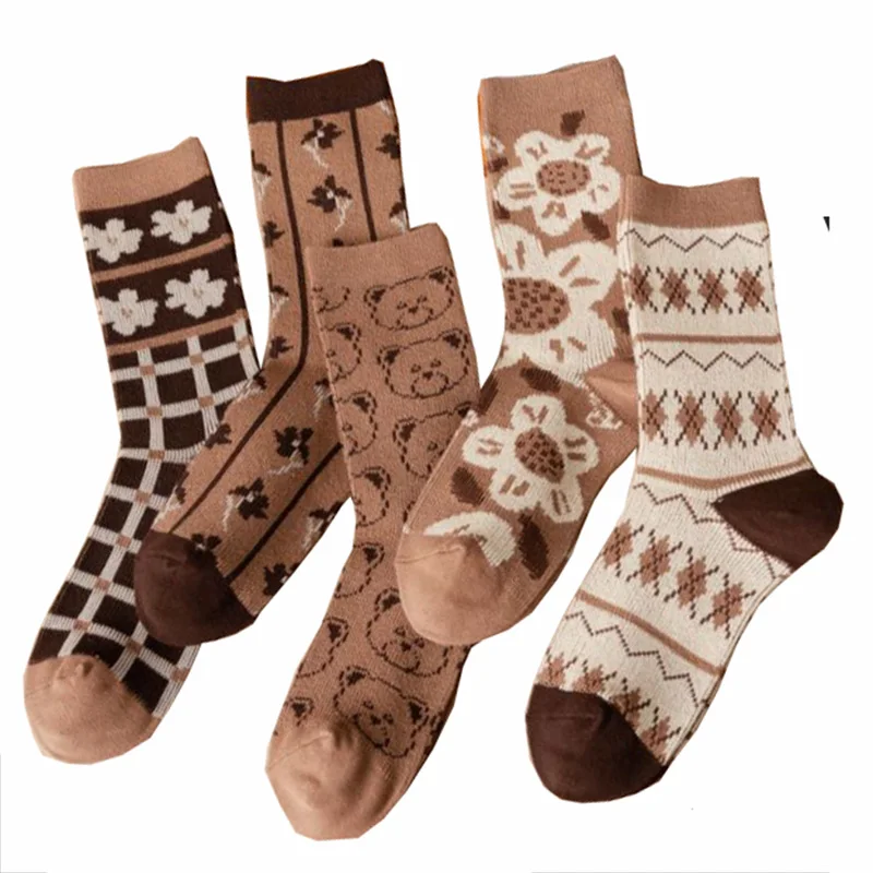 

5 Pairs Vintage Harajuku Women Socks Print Cartoon Pattern Long Cotton Winter Socks Set Fashion Street Style Cute Vrouw Sokken