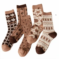 5 pairs vintage harajuku women socks print cartoon pattern long cotton winter socks set fashion street style cute vrouw sokken