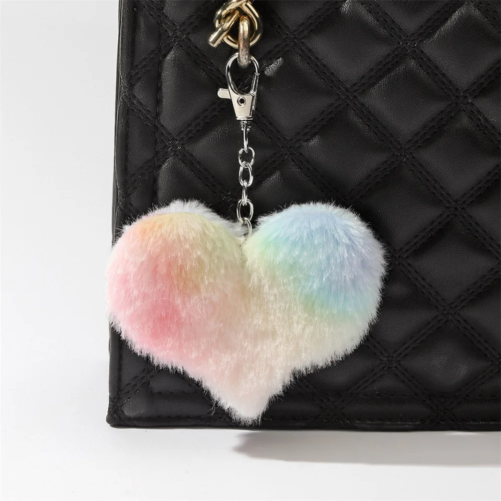 

Colorful Heart Pompom Keychain Gradient Plush Ball Keyring for Women Handbag Pendant Car Key Fob Jewelry Gifts