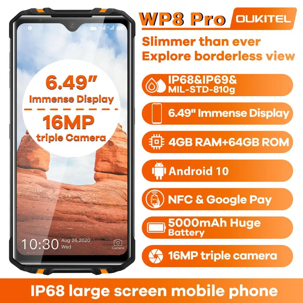 OUKITEL WP8 Pro 4GB 64GB 5000mAh NFC IP68 Rugged Sports Mobile Phone 6.49'' Fingerprint Android 10 16MP Triple Camera Octa Core