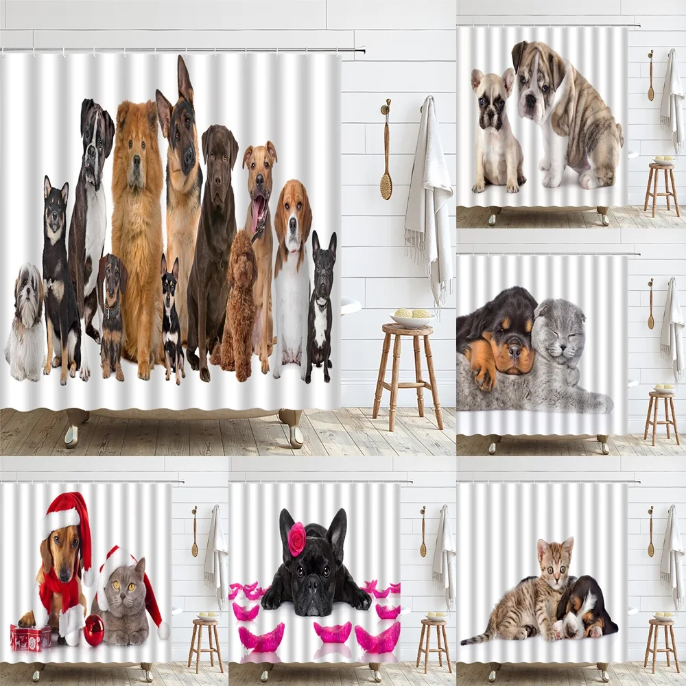 

Cute Cat Dog Shower Curtain Funny Pet Friend Polyester Fabric Bath Curtains Bathroom Decor Kids Women Bathtub Screen with Hooks