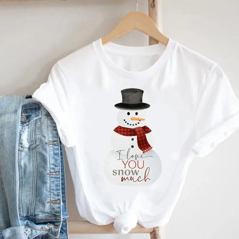 

Женская Новогодняя модная футболка с изображением снеговика, милый стиль, Счастливого Рождества, праздника, мультяшная футболка, футболки ...