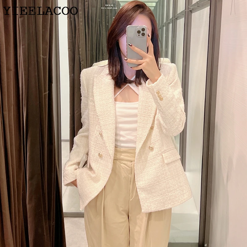 Beige Tweed Jacket Casual Textured Small Fragrant  One-Piece Spring / Autumn Women's Double Breasted Suit Coat ladies