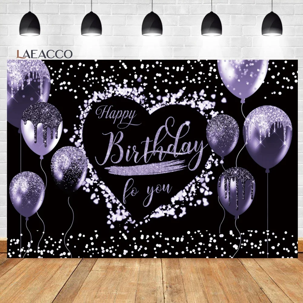 

Laeacco Purple And Black Balloons Birthday Background Sweet Love Heart Girls Women Portrait Customized Photography Background