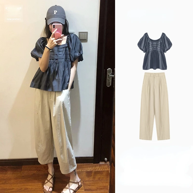 

2023 Summer Women's Light Ripe Skinny Covering Meat Senior Sense of Salt Wear T-shirt Tops Two-piece Suit Y2K
