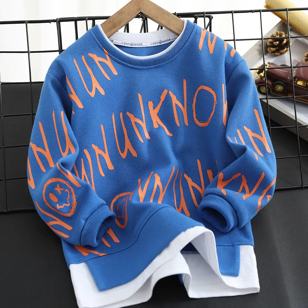 

Boys' Cartoon Sweater Fake Two-Piece Bottoming Shirts 2022 Spring and Autumn New Children's Cotton Top Pullover