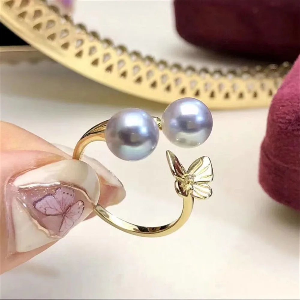 

DIY Pearl Accessories S925 Sterling Silver Ring Empty Set Double Bead Jade Ring Silver Set with 6-8mm Beads