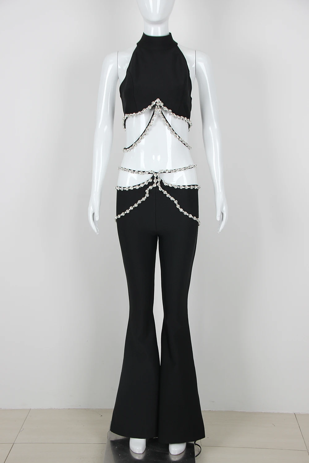 KLEEZY New Fashion dwuczęściowy luksusowy diamentowy łańcuszek seksowny top bez rękawów obcisły rozszerzany długi klub nocny garnitur klubowy