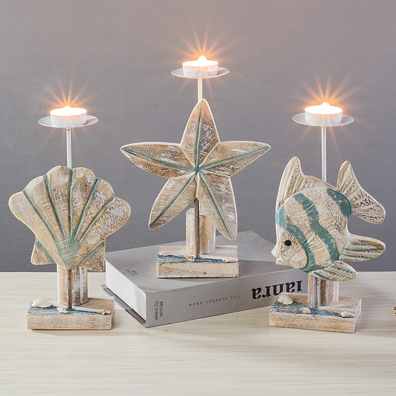 

Mediterranean Style Fish-shaped Candlestick Handicraft Gifts Wooden Starfish Candlestick Display Rack Home Desktop Decoration