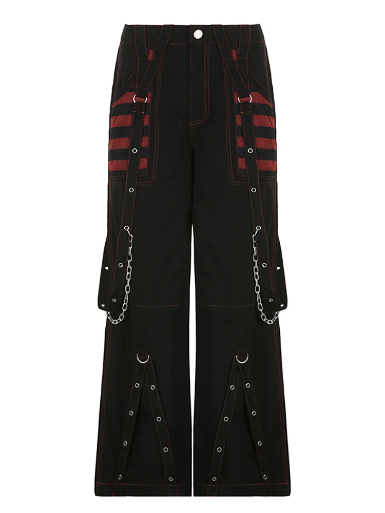 

Retro Dark Y2k Punk Wide Leg Grunge Black Pants Mall Gothic Harajuku Baggy High Waist Trousers Strap Patchwork Techwear Clothes