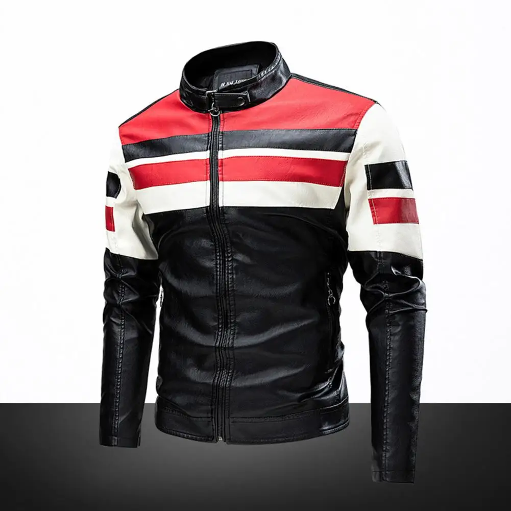 

50%HOTMen Jacket Color Block Long Sleeve Pockets Stand Collar Faux Leather Zipper Coat for Working