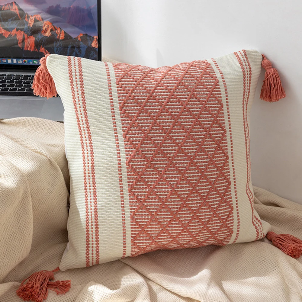 

Cotton Thread Woven Pillowcase Tassel Pillowcase Plaid Pillowcase Home Decoration Cushion Cover Soft Comfortable Decorative