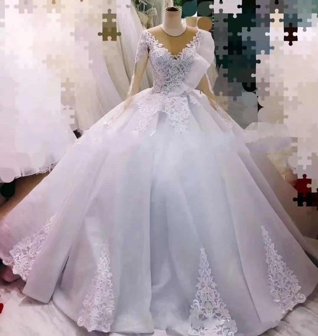 

New 2024 Princess Wedding Dress Sheer Neck Ruffles Organza Bridal Gown Long Sleeves Lace Applique Vestidos De Novia Customed