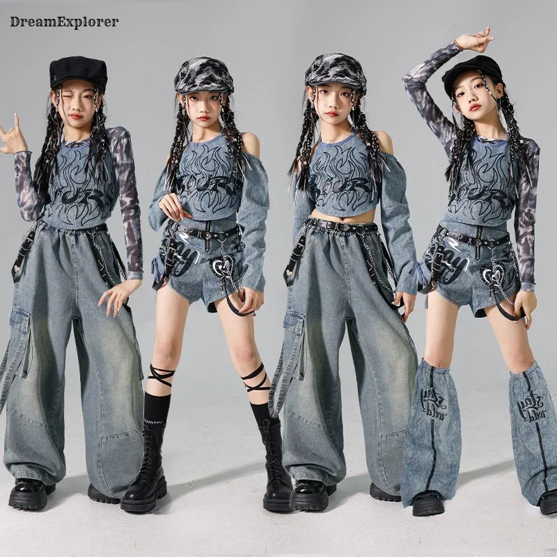 Джинсовый укороченный топ K-pop для девочек джинсы-карго уличных танцев брюки