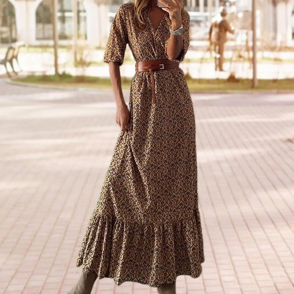

Large Hem Maxi Dress Bohemia Vintage V-neck Half Sleeve Print Ruffle Trim Baggy Dress Summer Party Dresses Elegant Dress Female