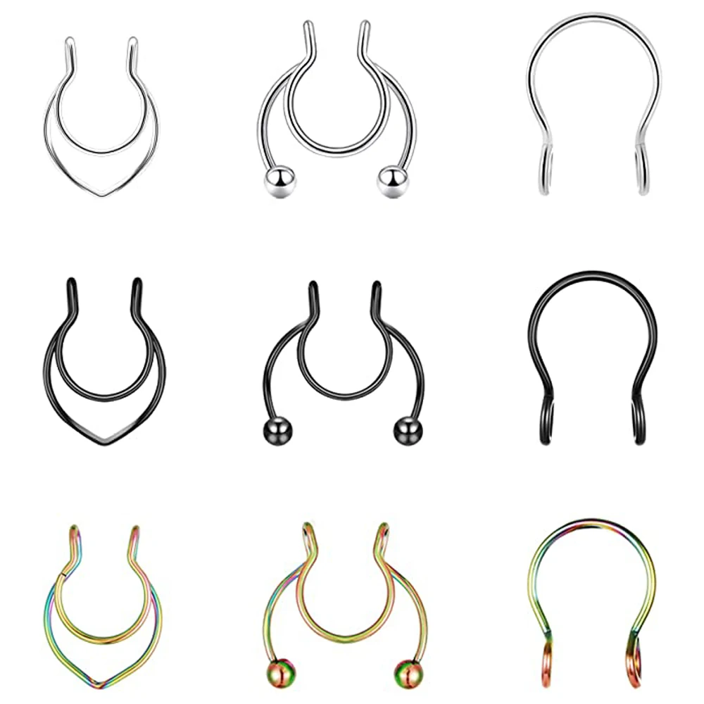 

9Pcs Stainless Steel Fake Septum Rings Faux Nose Horseshoe Hoop Rings Non Pierced Hoop for Lip Septum Body Piercing Jewellery