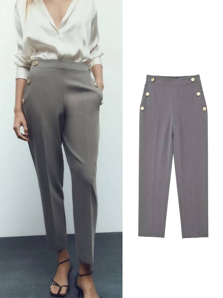 

Брюки женские прямые однотонные на пуговицах с эластичным поясом