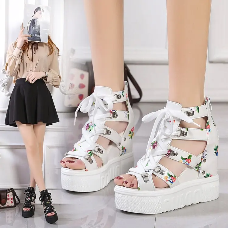 

Hot Sale Women Summer Sandals Floral Print Wedges Heels Corss-tied Height Increasing Fashion Causal Shoes Ladies Whosale34-42