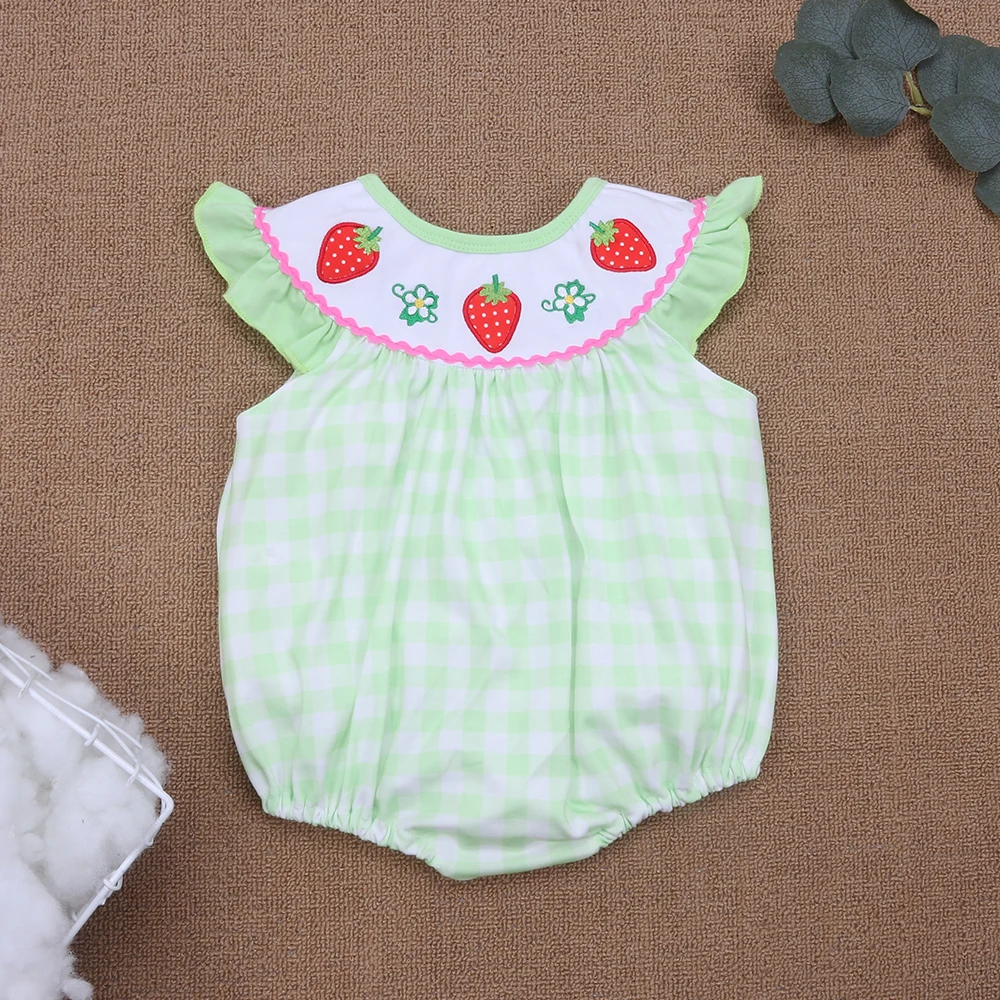 

One-Piece Cotton Clothes For Summer New Style Strawberry Embroidery Rompers Pretty Fluorescent Green Jumpsuit For 0-3T Girl