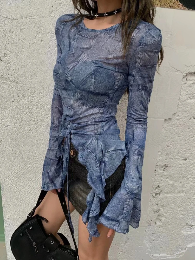 Женская блузка с винтажным принтом Облегающая рубашка в стиле Харадзюку