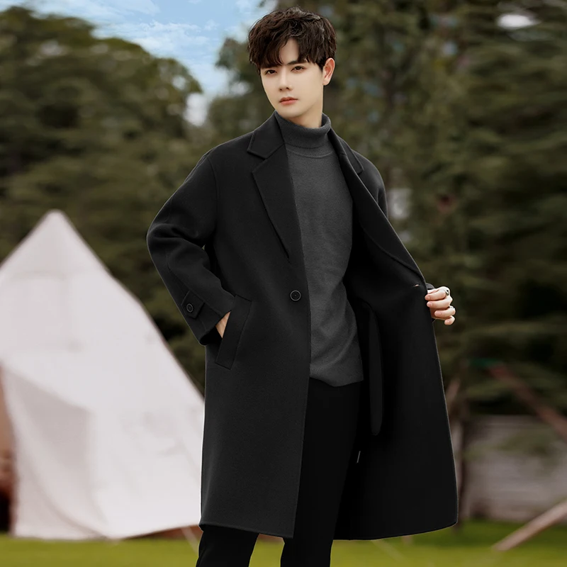 Двустороннее кашемировое пальто мужское зимнее утепленное шерстяное средней