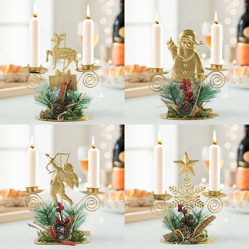 

Christmas Wrought Iron Candlestick Santa Claus Snowflake Star Elk Candle Holder Dining Table Decor Merry Xmas New Year Ornament