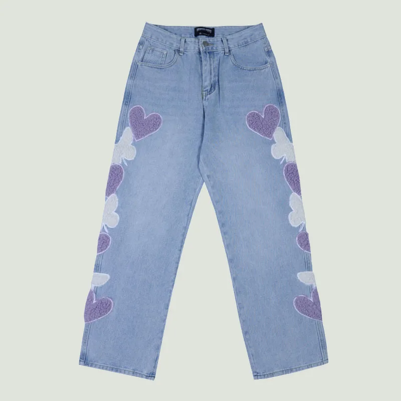 

Streetwear Men's Jeans Furry Heart Butterfly Embroid Denim Pants Hip Hop Harajuku Straight-leg Loose Casual Baggy Trousers Male