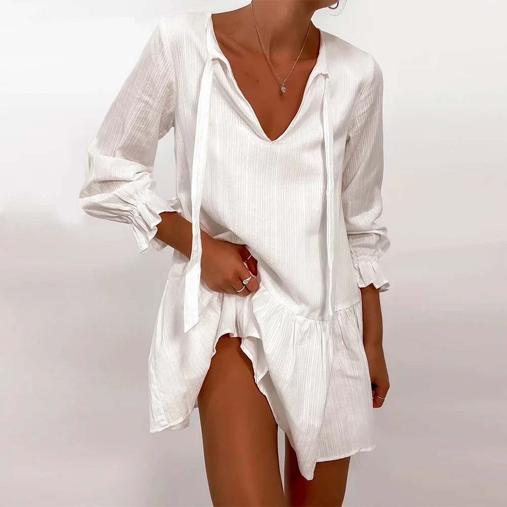 

European and American comfortable casual solid color loose pleated dress