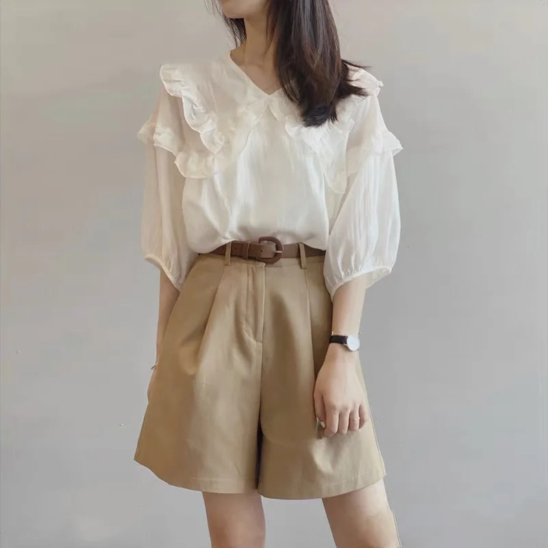 

2022 Summer New Women's Suit Fashion Solid Fungus Half Puff Sleeve Sweet Blouse & Wide Leg Shorts Casual 2 Pieces Clothing Sets