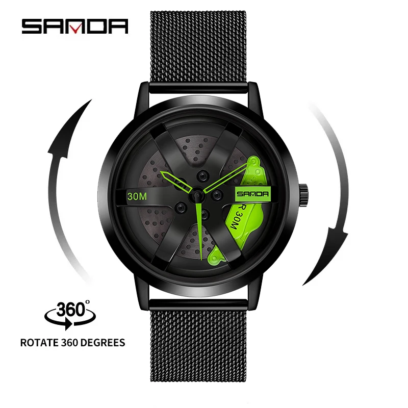 

SANDA P1075 Original 3D Real Man Mesh Band Waterproof Watches Car Rim Design Watch Quartz Men's Sports 360 Rotate For Men Clock
