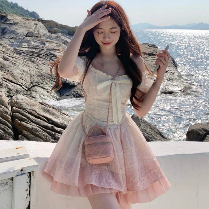 

Korean 2023 Summer Kawaii Lolita Dress Women Casual Y2k Mini Dress Slim Elegant Bow Dress Party Elegant Vintage One Piece Dress