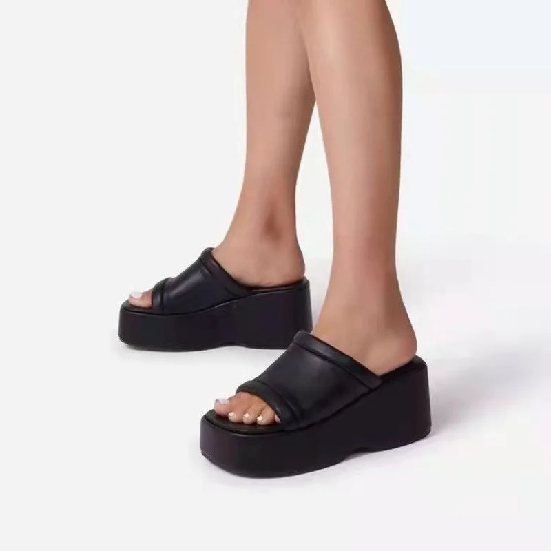 Summer New Fashion Wedges Slippers Women Thick Bottom Sponge Cake One Word Square Head Casual Plus Size 43 Slides Women