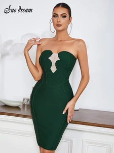 Ladies Summer Sexy Strapless Backless Mesh Green Mini Bodycon Bandage Dress 2022 Elegant Evening Party Club Dress Vestidos