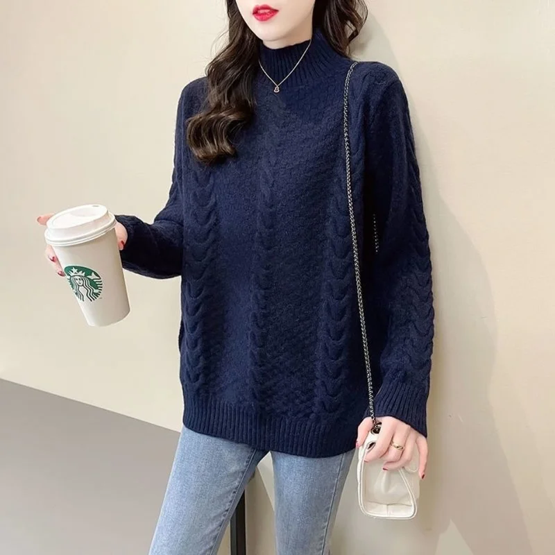 

Autumn and Winter Women Winter Sweater Clothes Set Korean Version Hedging Long Sleeve Thicken Half High Collar Twist Solid Color