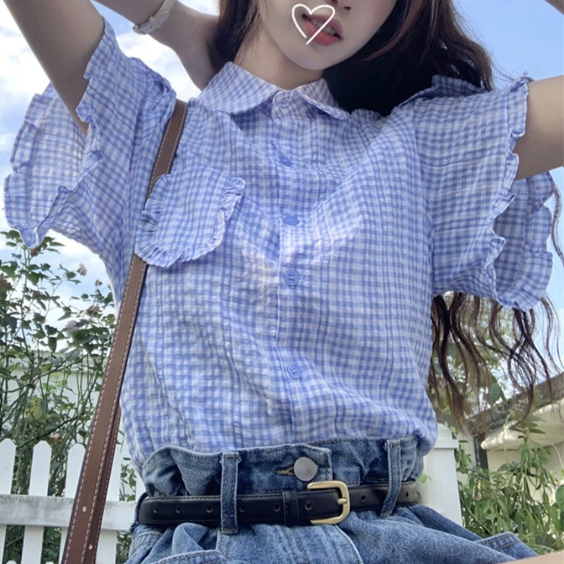 Рубашка женская в клетку милый свободный клетчатый топ с короткими рукавами и