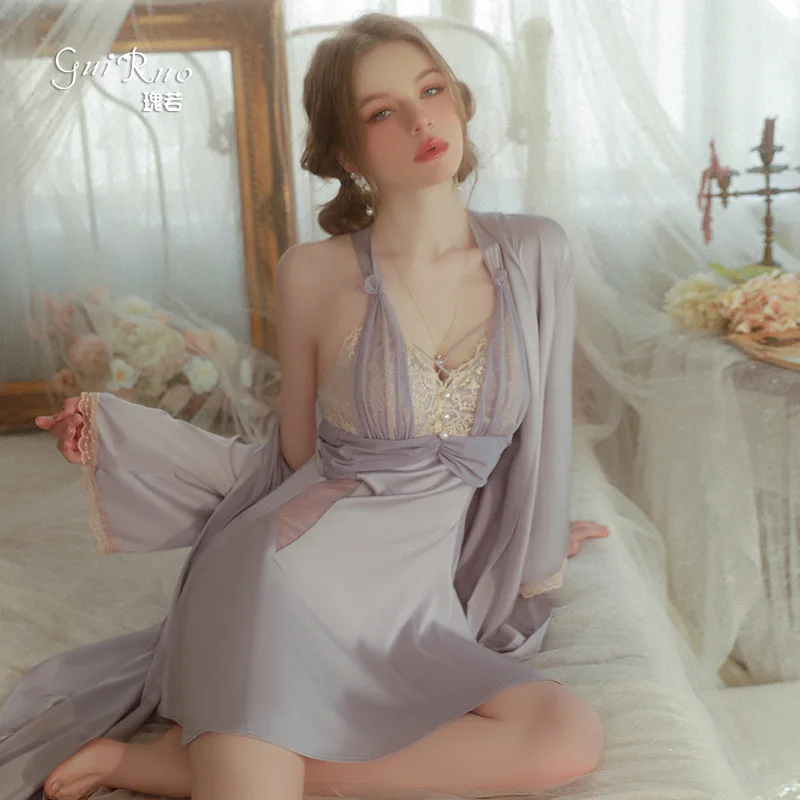 

Ruoruo Sexy Satin Stitching Lace V-neck plus Chest Pad Pearl Suspender Nightdress Outerwear Gown Ladies' Homewear J3133