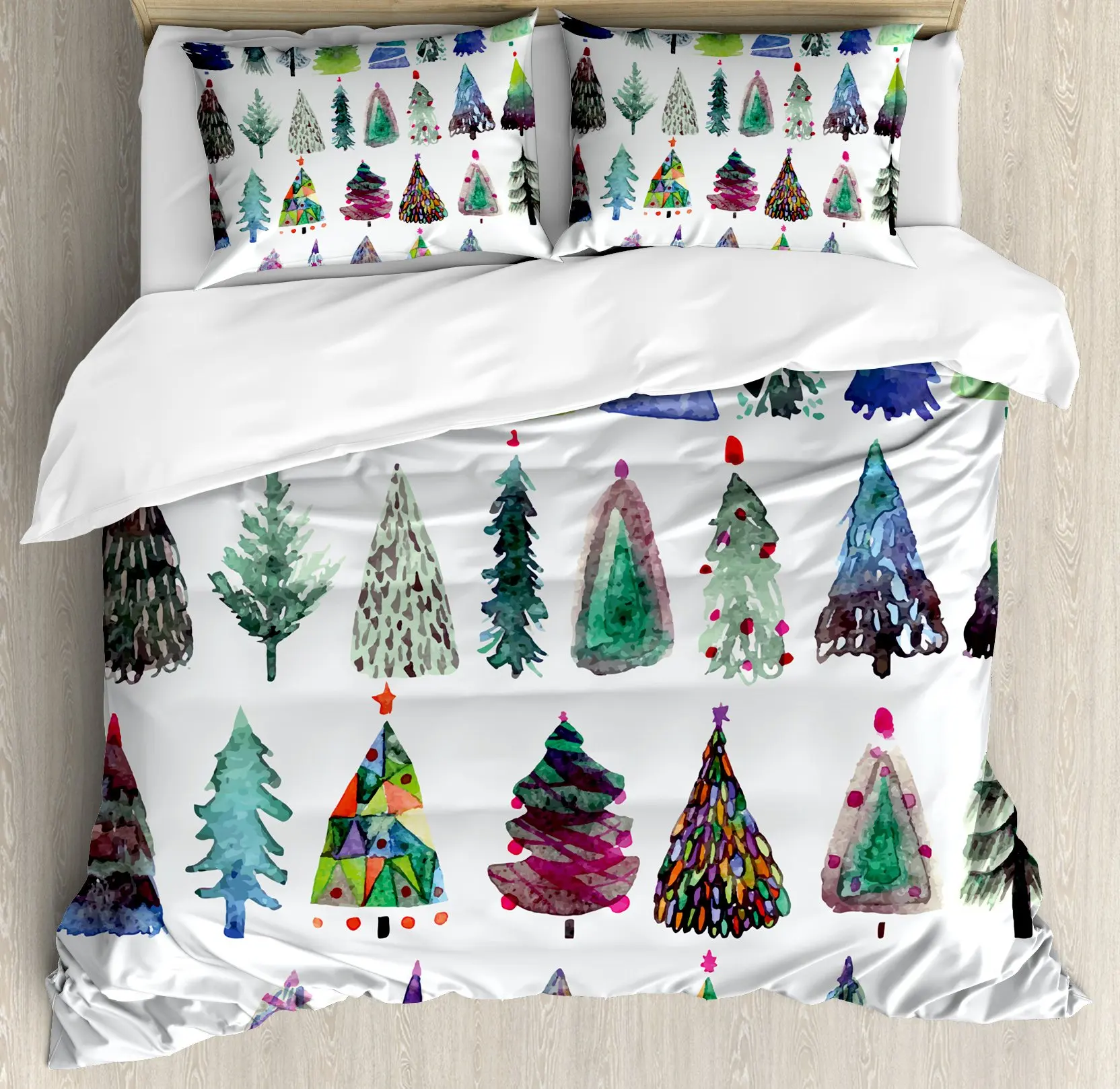

Christmas Duvet Cover Watercolor Christmas Theme Fir Trees Abstract Silhouettes Illustration Decorative Green Seafoam Children