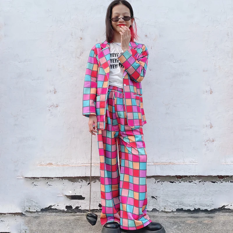 

Colorful Plaid Blazer Wide-Leg Trousers Two-Piece Suit Jazz Modern Dance Costumes For Girls Hip Hop Dance Rave Clothes DQS8893