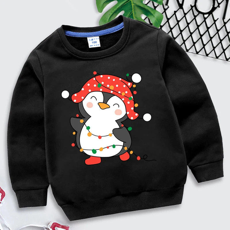 

Черная детская одежда, рождественский пингвин, мультяшный принт 2022, Повседневные Удобные худи с длинным рукавом, рождественские Модные сви...