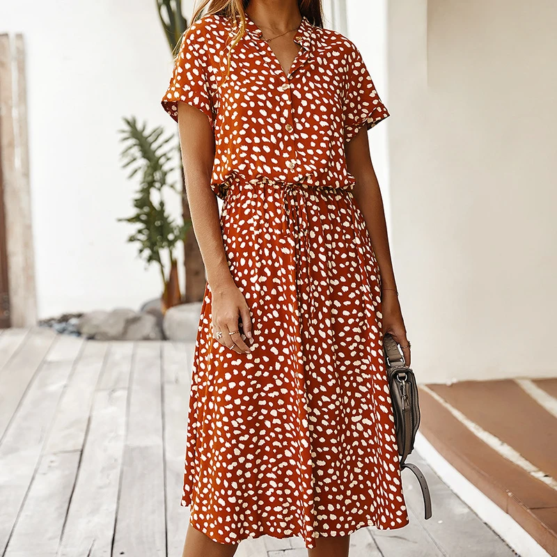 

Causal Polka Dot Dress Summer Women V-neck Lace Up Midi Dress Chic Short Sleeve Loose Holiday Boho Beach Dresses Robe Vestidos